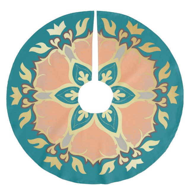Teal, gold and peach Christmas Mandala Brushed Polyester Tree Skirt (Front)