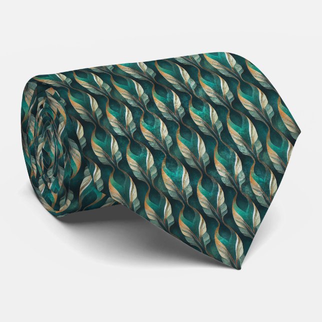 Teal & Gold Art Deco Geometric Pattern Design Tie (Rolled)