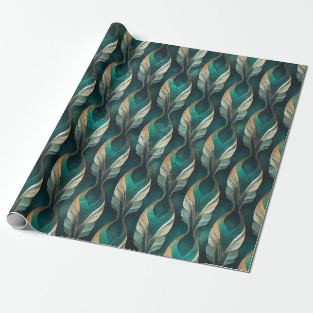 Teal & Gold Art Deco Geometric Pattern Design Wrapping Paper (Unrolled)