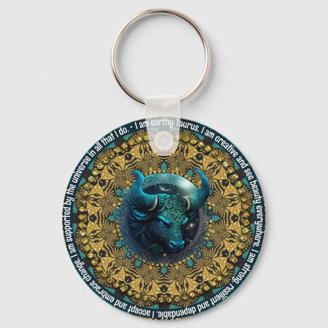 Teal+Gold Astrology Affirmations Taurus Zodiac Keychain (Front)