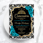 Teal Gold Black Damask Elegant Quinceanera Invitation<br><div class="desc">Quinceanera party invitation. Stylish design in teal and faux glitter gold. Features black & white damask pattern,  script font,  roses,  tiara and confetti. Perfect for a classy glam princess style 15th birthday celebration. Printed Zazzle invitations or instant download digital printable template.</div>