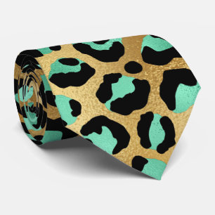 Teal gold black leopard print animal skin elegant tie