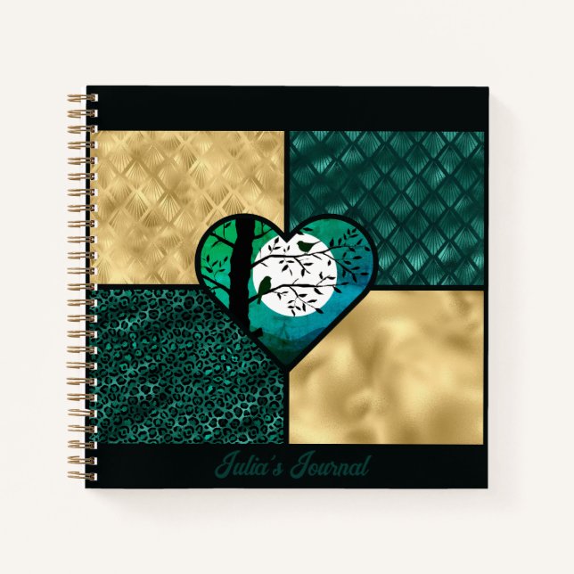 Teal, Gold & Black Moonlight Birds Notebook (Front)