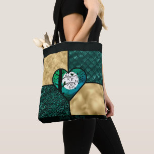 Teal, Gold & Black Moonlight Birds Tote Bag