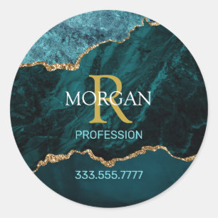 Teal Gold Blk Agate, Name Monogram Profession Cell Classic Round Sticker