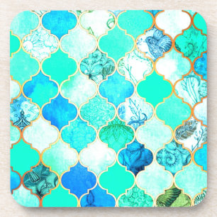 Teal, Gold, Blue Green Mermaid Pattern Coaster