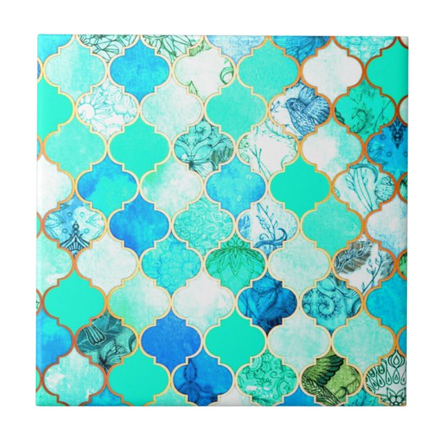 Teal, Gold, Blue Green Mermaid Pattern Tile (Front)