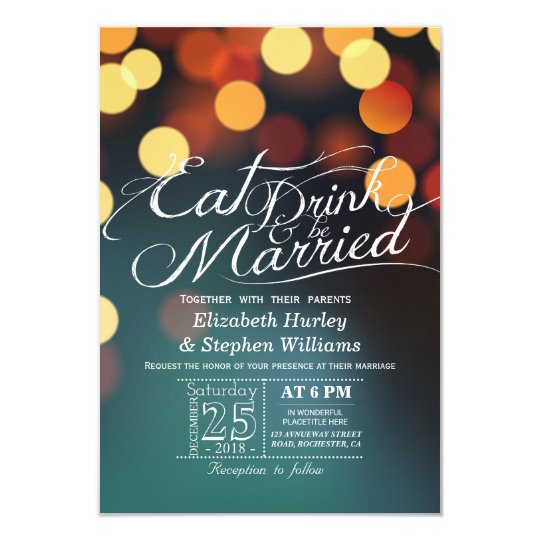 Teal Gold Bokeh Light EAT Drink Be Married Wedding Card