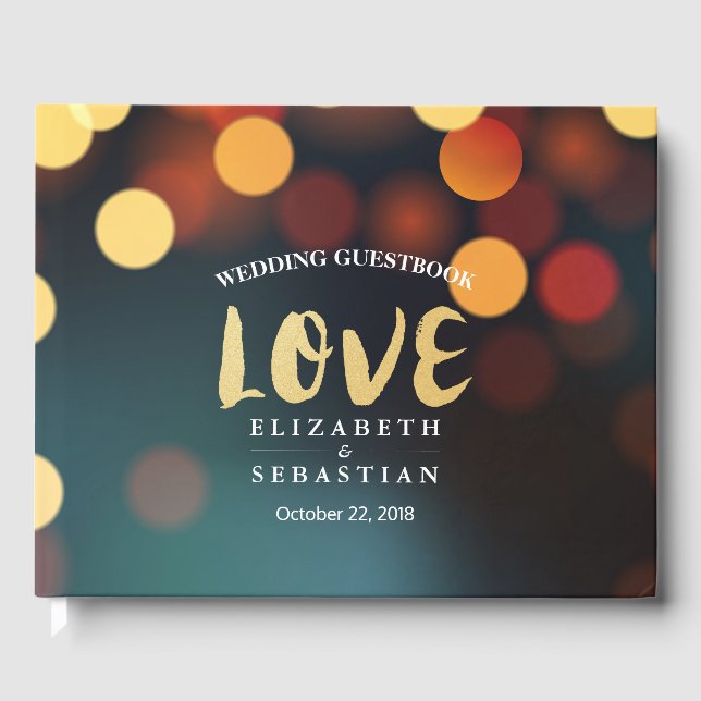 Teal Gold Bokeh String Lights Wedding Guestbook (Front)