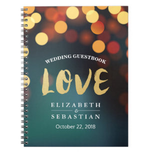 Teal Gold Bokeh String Lights Wedding Guestbook Notebook