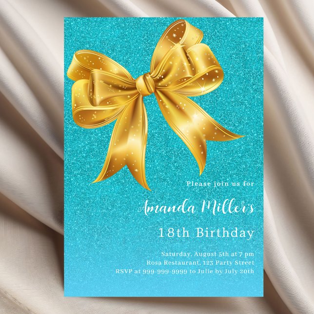 Teal gold bow glitter birthday invitation (Creator Uploaded)
