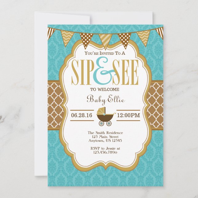 Teal Gold Brown Sip And See Invitation (Front)