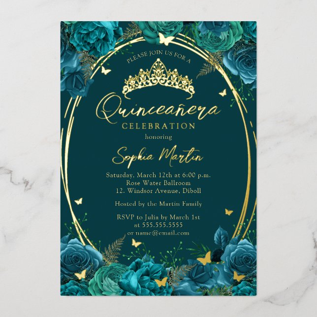 Teal Gold Captivating Floral Butterfly Quinceanera (Front)