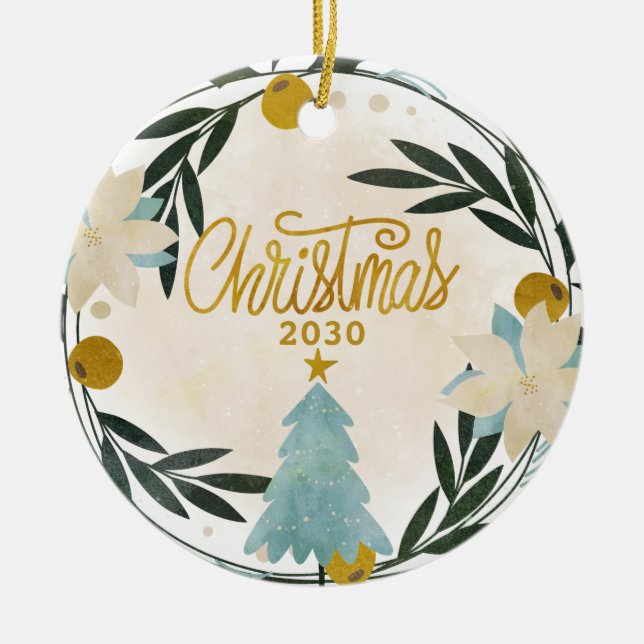 Teal Gold Christmas Tree Ceramic Ceramic Ornament (Front)