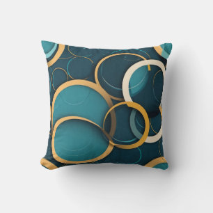 Teal, Gold Circles Throw Pillow