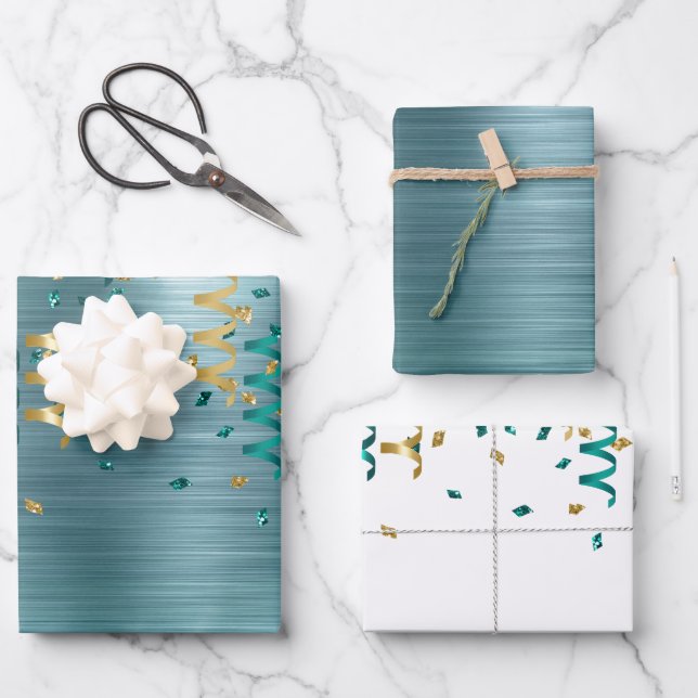 Teal Gold Confetti Birthday Wrapping Paper Sheet (Front)