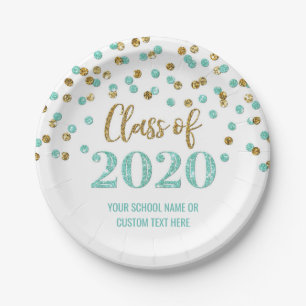 Teal Gold Confetti Graduation 2020 Paper Plate