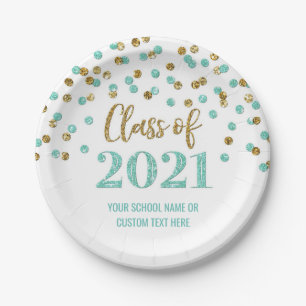 Teal Gold Confetti Graduation 2021 Paper Plate