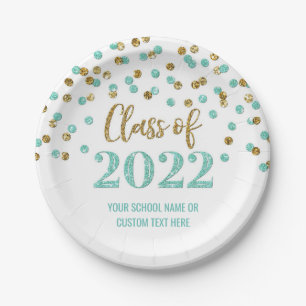 Teal Gold Confetti Graduation 2022 Paper Plate