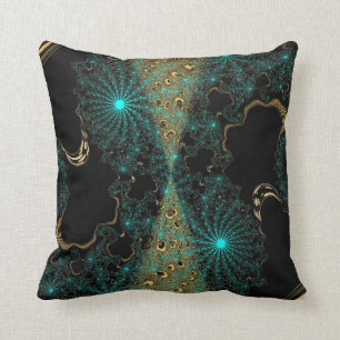 Teal & Gold Contrast Fractal Web Swirl Throw Pillow