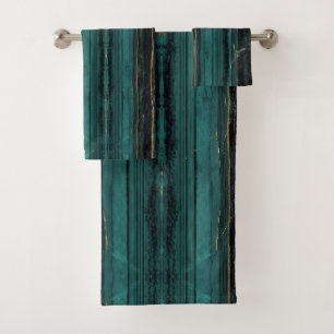 teal Gold cream Metallic Black Marble Stripes  Bath Towel Set