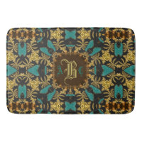 Teal Gold Damask Esque Pattern Monogram Bath Mat