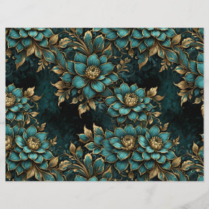 Teal & Gold Dark Grunge Flowers 