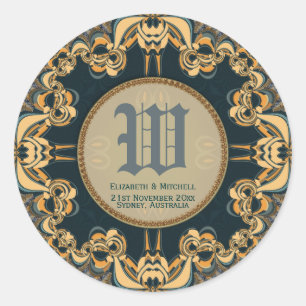 Teal Gold Decorative Lace Monogram Keepsake Melami Classic Round Sticker