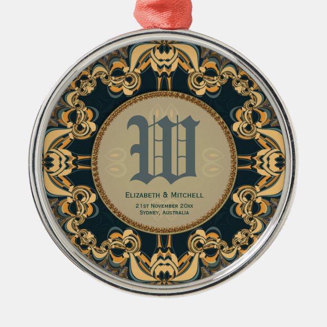 Teal Gold Decorative Lace Monogram Keepsake Metal Ornament (Front)