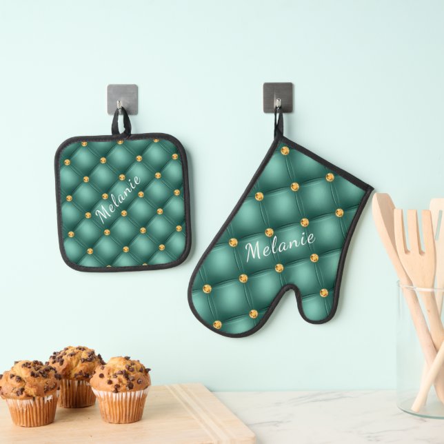 Teal Gold Diamond Tufted Custom Name Personalized Oven Mitt & Pot Holder Set (Insitu(Hanging))
