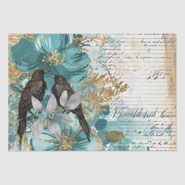 Teal & Gold Distressed Floral & Ravens Tissue Paper (Front)