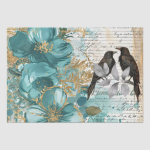 Teal & Gold Distressed Floral & Ravens Tissue Paper