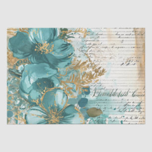 Teal & Gold Distressed Vintage Inspired Floral  Tissue Paper