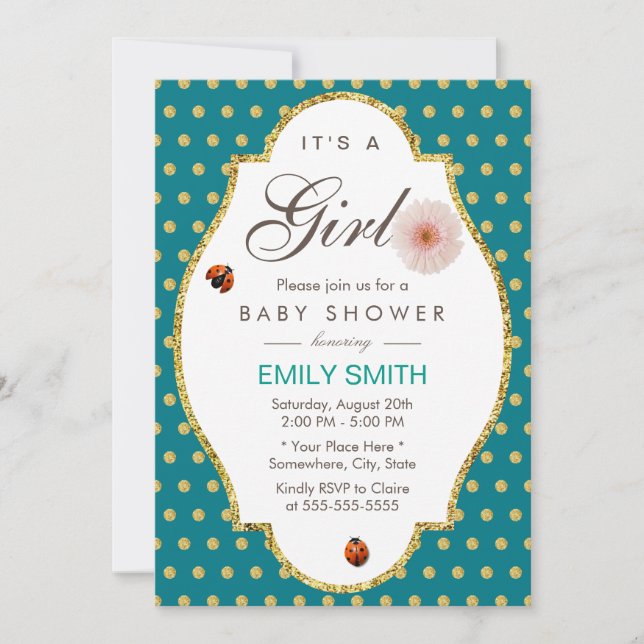 Teal Gold Dots Daisy & Ladybug Girl Baby Shower Invitation (Front)