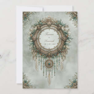 Teal Gold Dreamcatcher Boho Feather Wedding Invitation