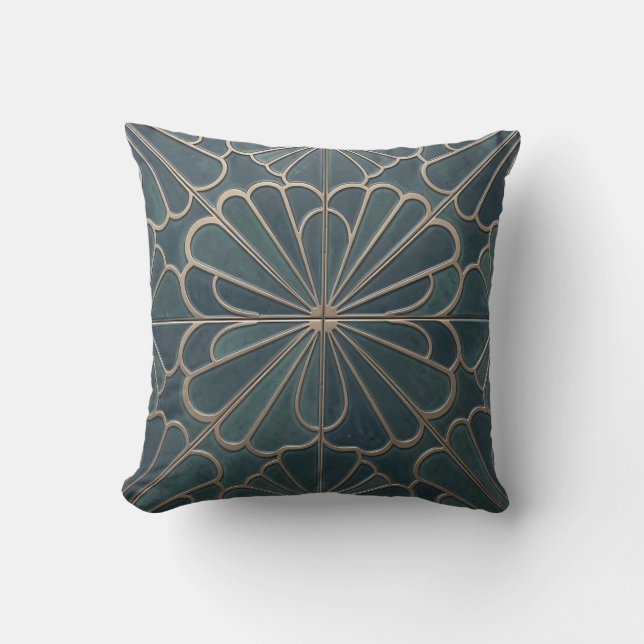 Teal Gold Fan Pattern Art Deco Geometric Throw Pillow (Front)