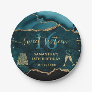 Teal & Gold Faux Glitter Agate Marble Sweet 16 Paper Plate