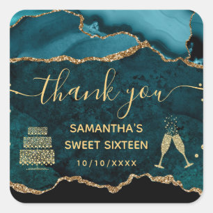 Teal & Gold Faux Glitter Agate Marble Sweet 16 Square Sticker
