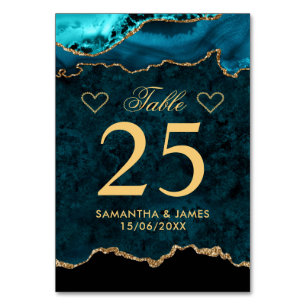 Teal & Gold Faux Glitter Marble Agate Wedding Table Number