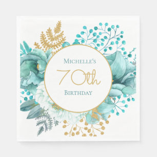 Teal Gold Floral 70th Birthday Napkin