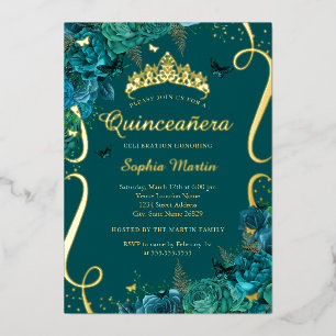 Teal Gold Floral Butterfly Elegant Quinceanera