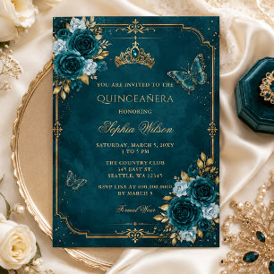 Teal Gold Floral Butterfly Quinceañera Invitation