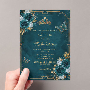 Teal Gold Floral Butterfly Sweet 16 Acrylic Invitations