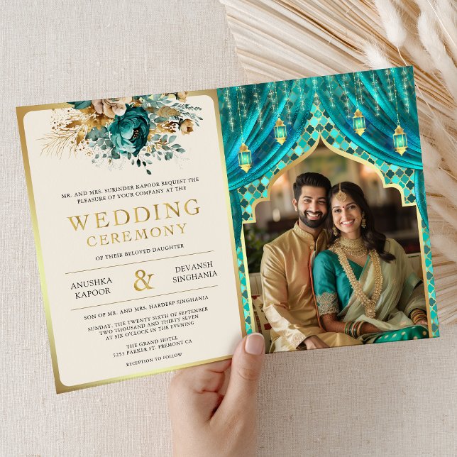 Teal Gold Floral Curtain Indian Hindu Wedding Invitation (Creator Uploaded)