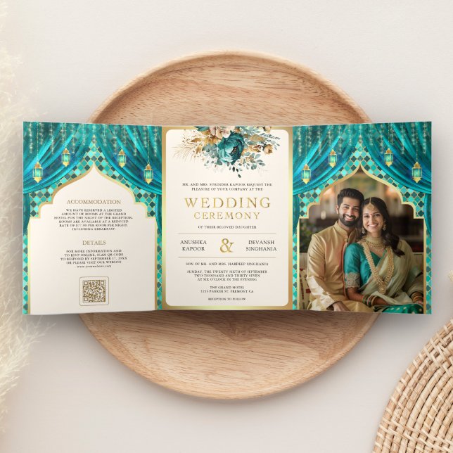 Teal Gold Floral Curtain Indian Hindu Wedding Tri-Fold Invitation (Creator Uploaded)