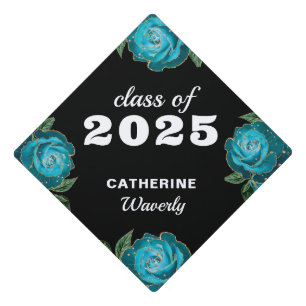 Teal Gold Floral Graduation Cap Topper