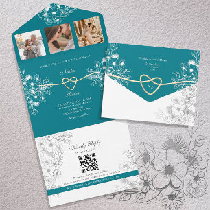Teal Gold Floral Monogram Wedding All In One Invitation