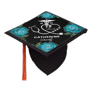 Teal Gold Floral Nursing School Graduation Cap Topper