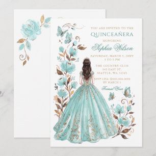 Teal Gold Floral Princess Butterfly Quinceañera Invitation