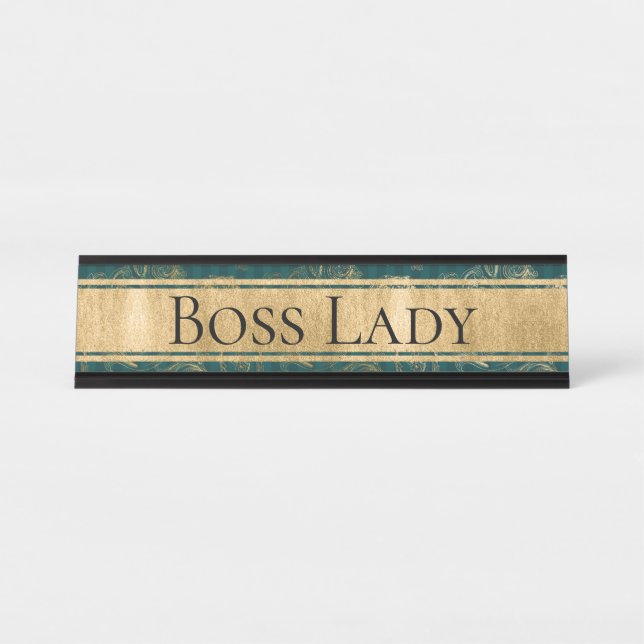 Teal, Gold Floral, Striped Boss Lady Name Plate (Front)